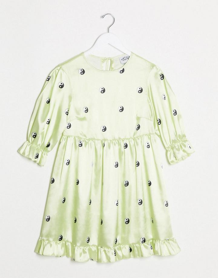 Vintage Supply Relaxed Smock Dress With Puff Sleeves In Yin Yang Print Satin-yellow