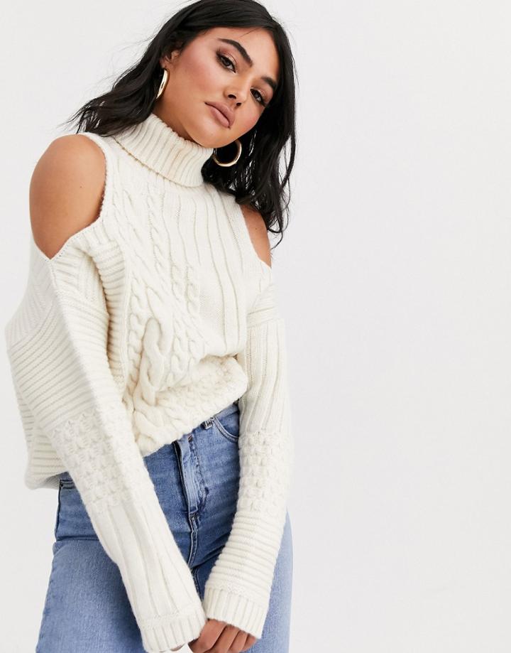 Asos Design Cold Shoulder Cable Sweater-cream