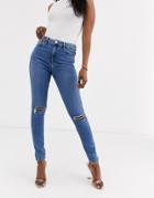 Asos Design Ridley High Waist Skinny Jeans With Rips In Mid Stonewash-blue