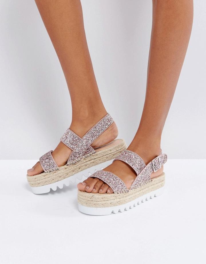 Bershka Glitter Espadrille Flatform Sandal - Gold