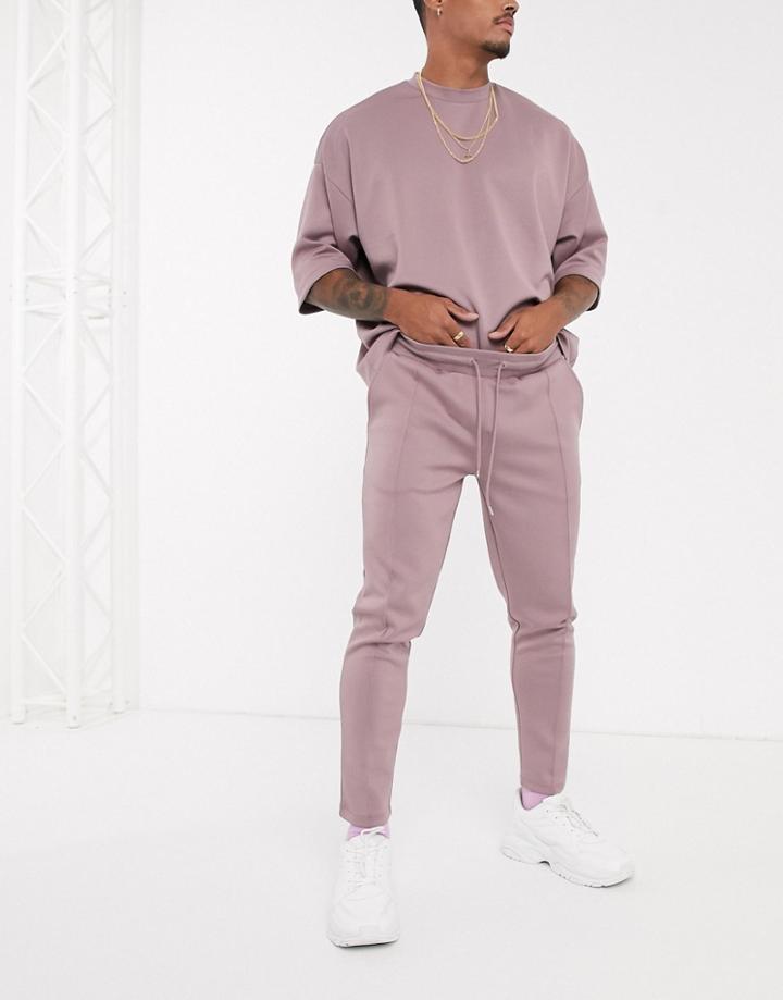 Asos Design Two-piece Tapered Sweatpants In Scuba Fabric With Pin Tucks & Fixed Hem In Washed Purple