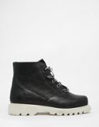 Cat Footwear Grid Adorn Chain Black Leather Ankle Boots - Black