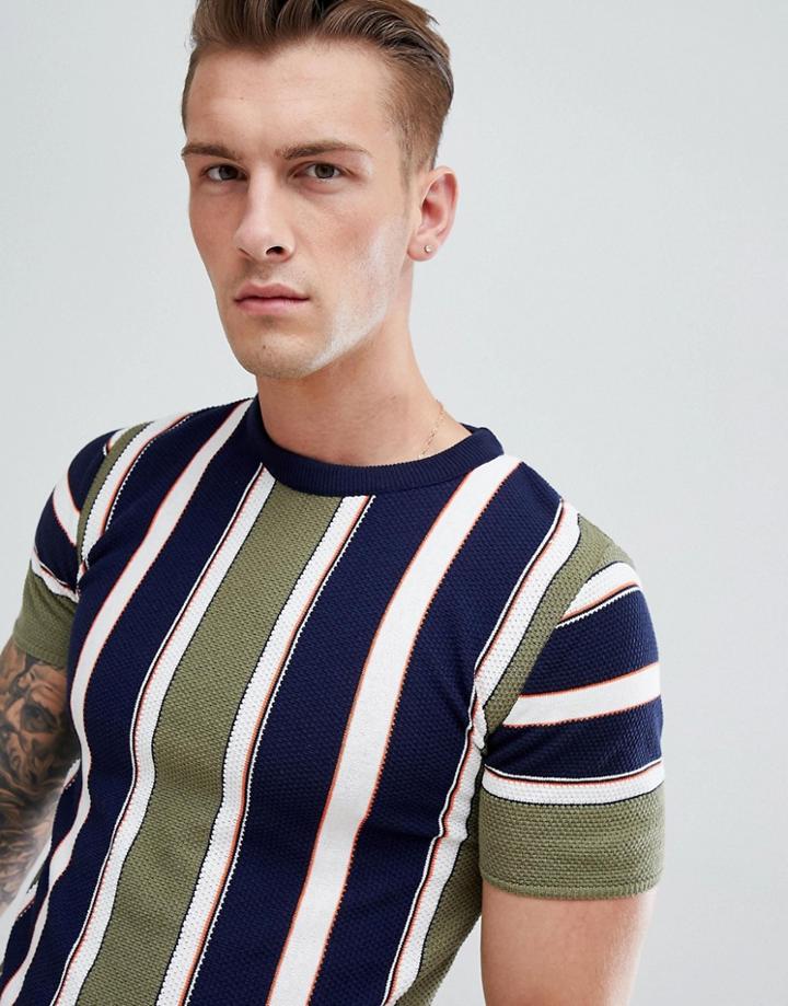 Boohooman Knitted T-shirt In Khaki Stripe - Green