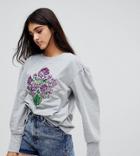 Chorus Tall Mutton Sleeve Sweater With Sequin Floral - Gray