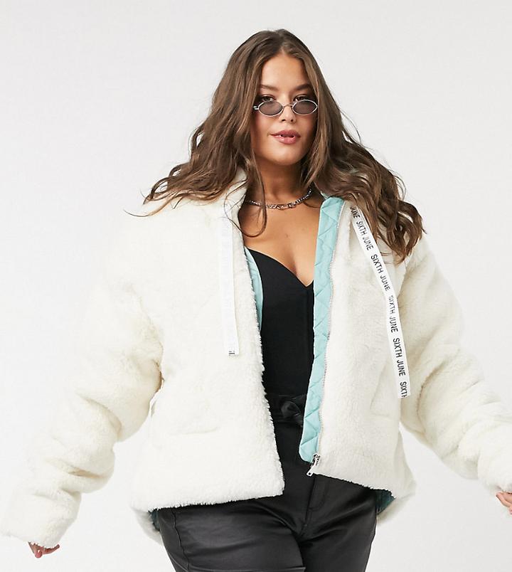 Sixth June Plus Oversized Hooded Jacket In Borg-white