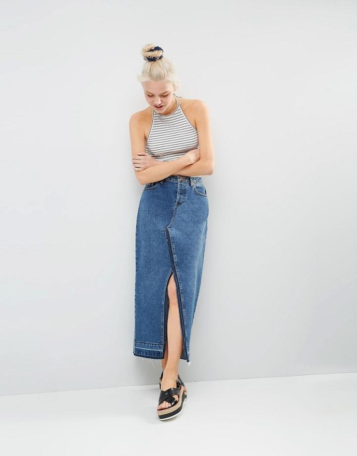 Asos Deconstructed Midi Skirt In Mid Wash Blue - Blue