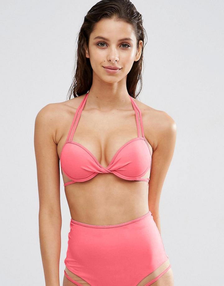 Asos Mix And Match Mesh Insert Twist Plunge Bikini Top - Pink