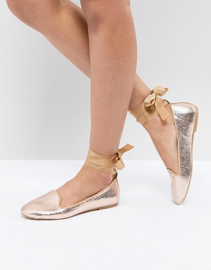 Raid Rose Gold Ankle Tie Flat Shoes - Gold