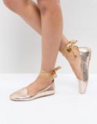 Raid Rose Gold Ankle Tie Flat Shoes - Gold