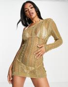 Fashionkilla One Shoulder Knitted Mini Dress In Gold