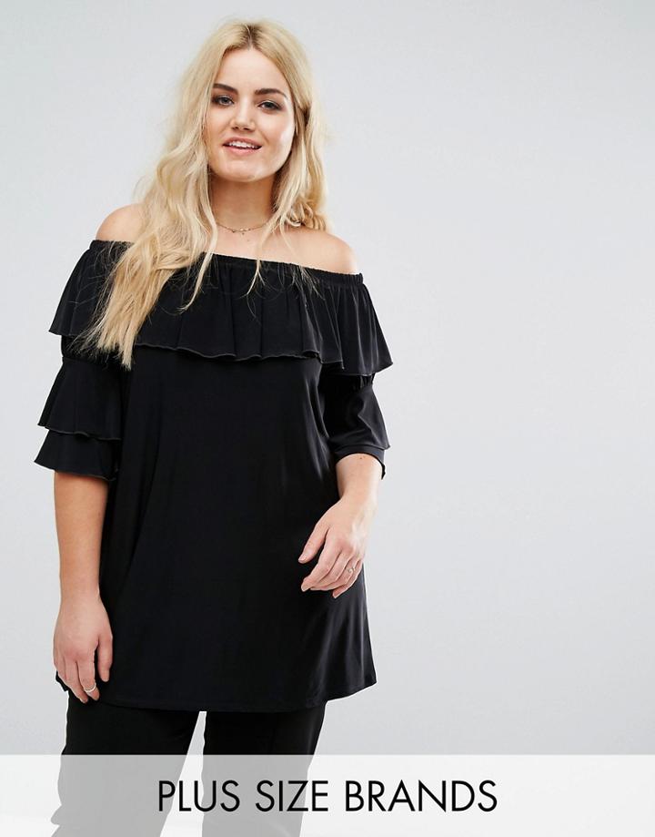 Praslin Bardot Ruffle Tunic Top - Black