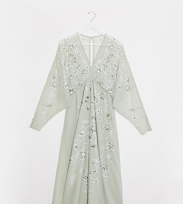Asos Design Maternity Floral Embroidered Batwing Midi Dress In Mint-green