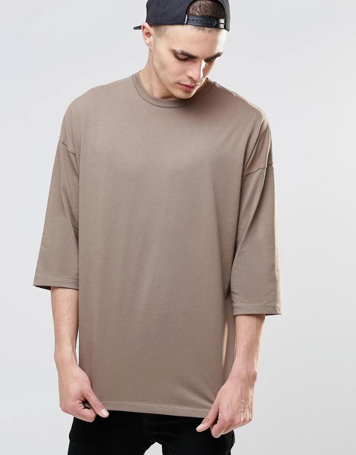 Asos Oversized 3/4 Sleeve T-shirt In Brown - Brown