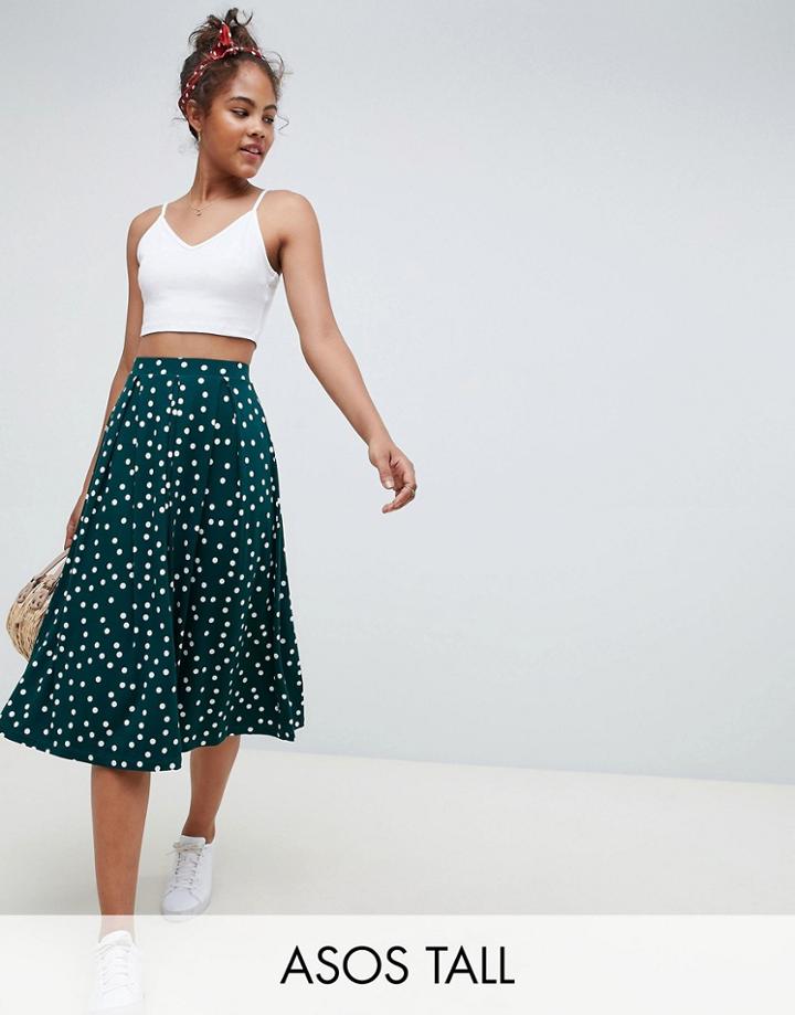 Asos Design Tall Midi Skirt With Box Pleats In Polka Dot - Multi