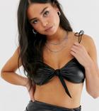 Wild Honey Tie Front Bralette In Faux Leather Two-piece-black