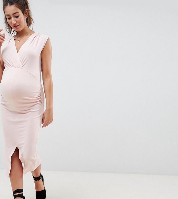 Asos Design Maternity Wrap Front Bodycon With Split Front - Pink