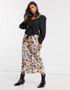 Asos Design Satin Bias Midi Skirt In Smudged Leopard Print-multi