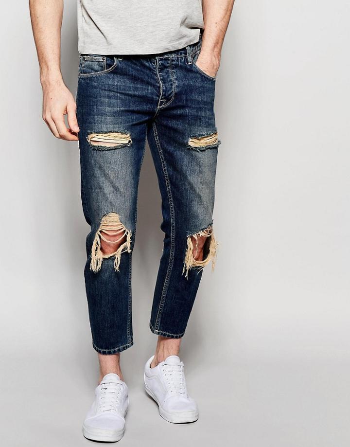 Asos Slim Jeans In Cropped Length With Rips - Blue