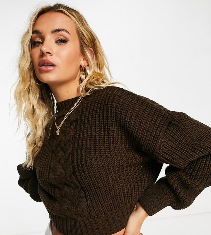 Missguided Crop Cable Knit Sweater In Chocolate-brown