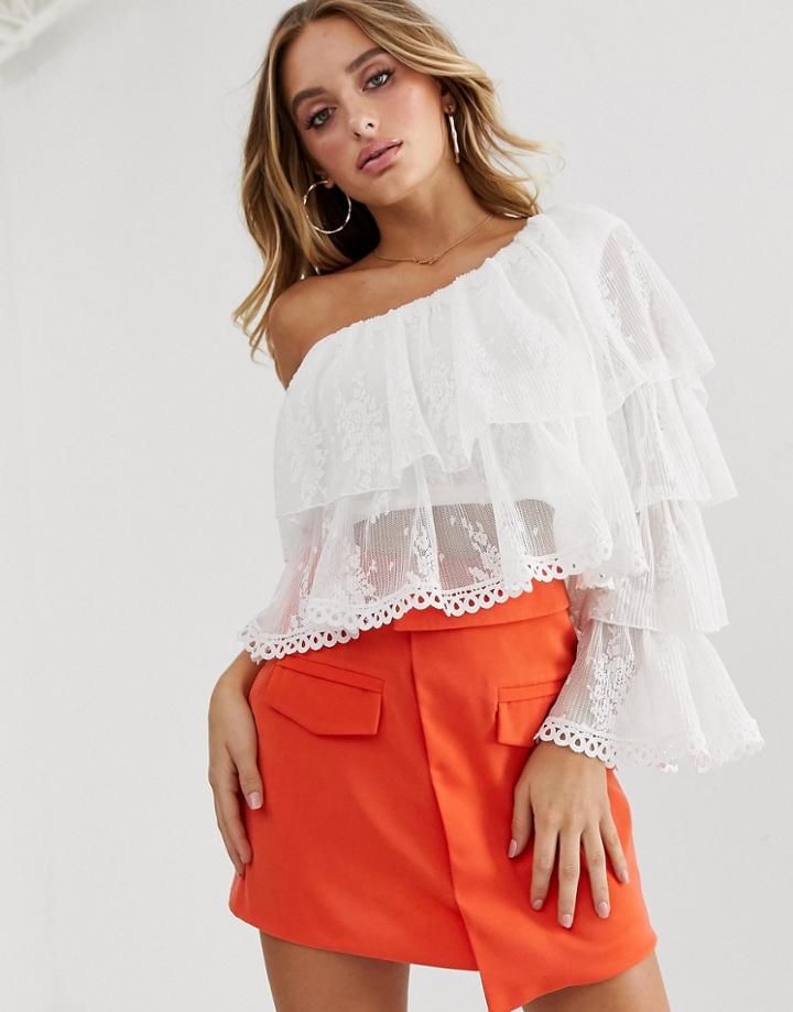 Asos Design One Shoulder Tiered Top In Pleated Lace - White