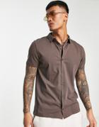 Asos Design Button Through Jersey Shirt In Dark Brown