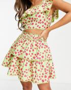 Miss Selfridge Cotton Flax Ruffle Mini Skirt In Strawberry Print - Part Of A Set-green