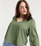 Asos Design Curve Long Sleeve Top With V-neck Detail In Khaki-red