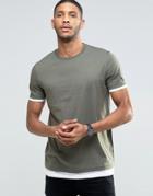 Asos Longline T-shirt With Contrast Cuff And Hem In Khaki - Green