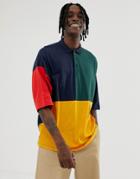 Asos Design Organic Oversized Polo Shirt With Half Sleeve And Retro Color Block In Navy - Navy