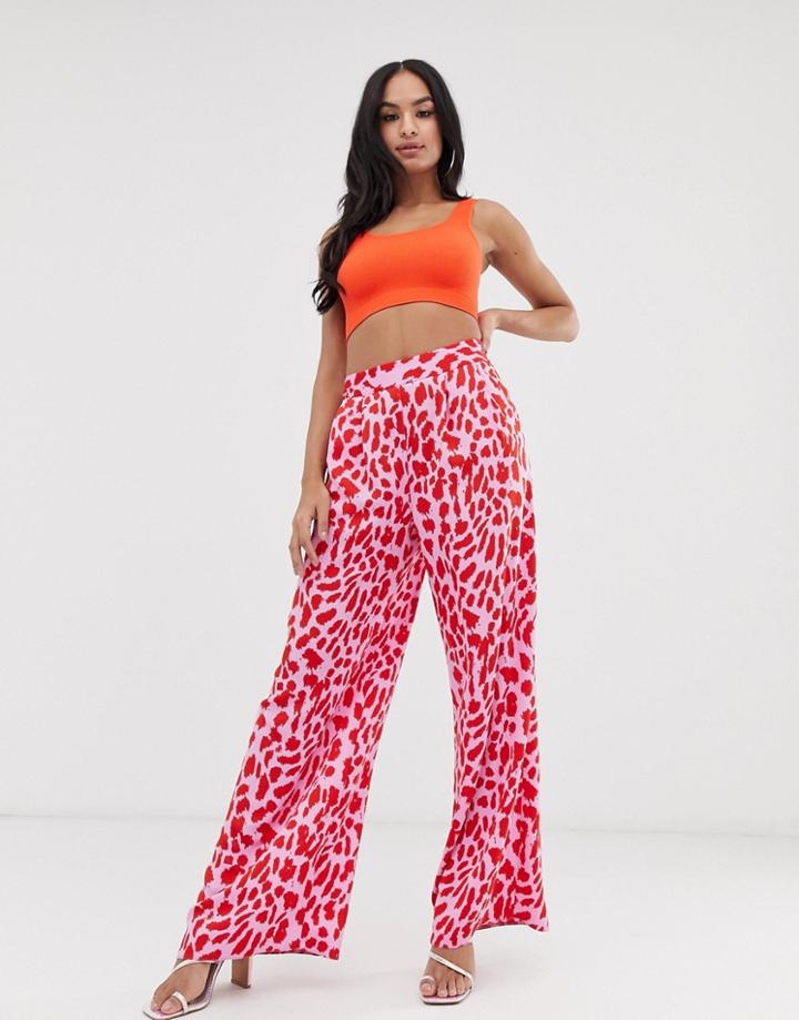 Asos Design Wide Leg Pants In Pink And Red Animal-multi