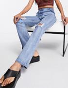 Parisian High Waist Straight Leg Jeans With Ripped Knee In Blue