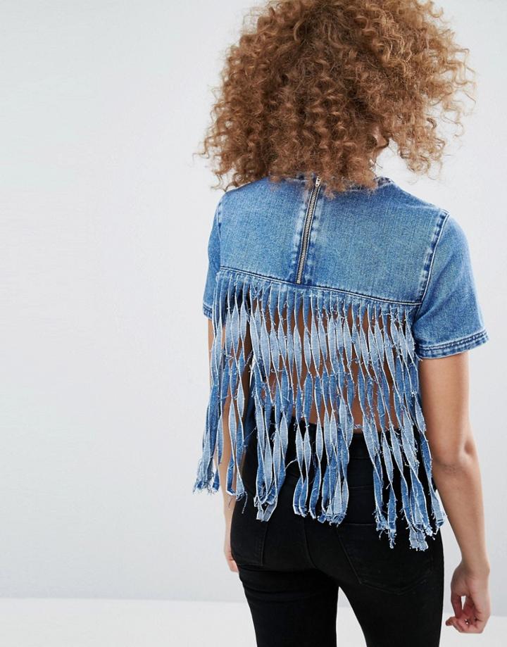 Asos Denim Top With Fringe Back In Mid Wash Blue - Blue