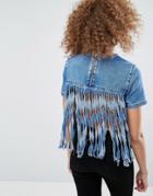 Asos Denim Top With Fringe Back In Mid Wash Blue - Blue