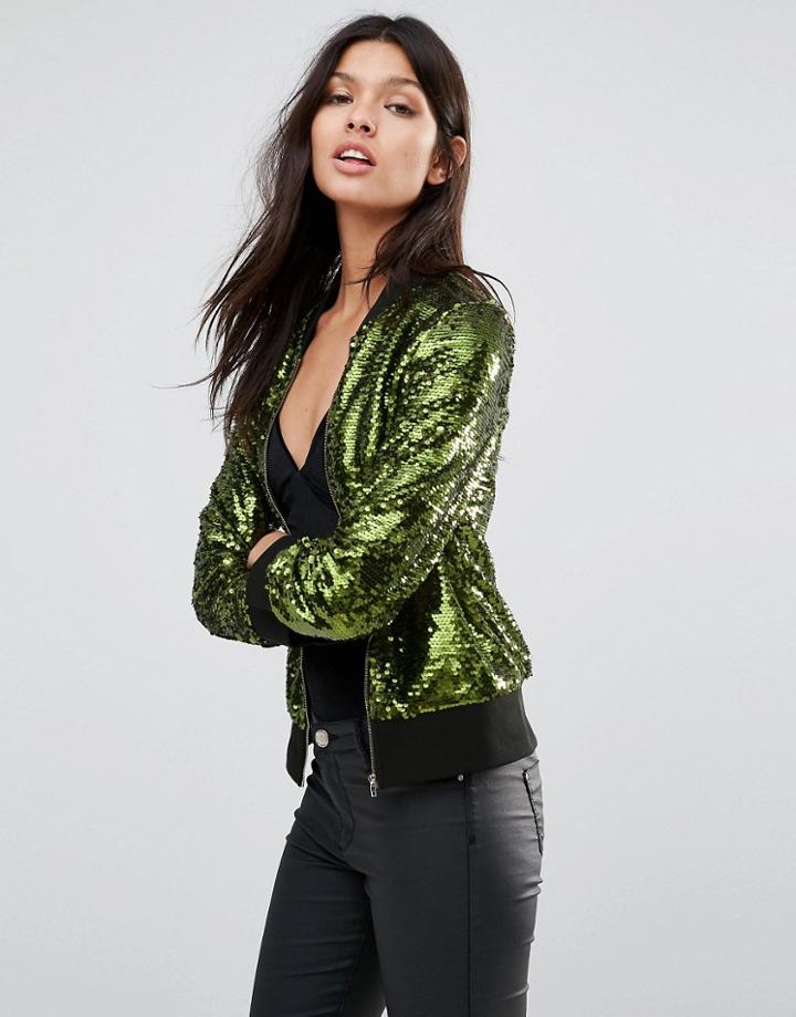 Club L Sequin Bomber Jacket - Green