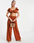 Asos Design Satin Milkmaid Tie Waist Jumpsuit-brown