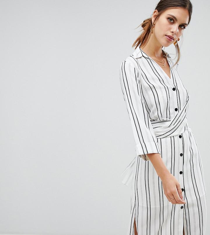 River Island Wrap Front Striped Shirt Dress In White - Cream
