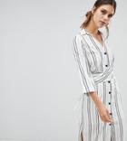 River Island Wrap Front Striped Shirt Dress In White - Cream