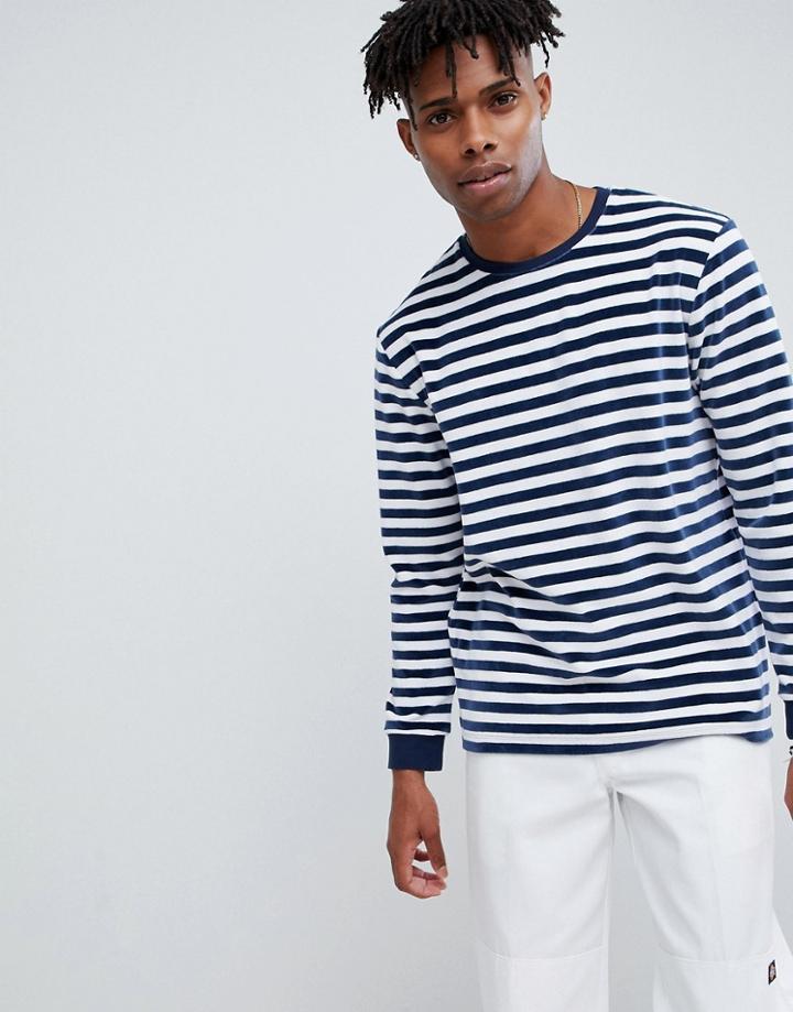 Asos Design Striped Relaxed Long Sleeve T-shirt In Velour With Blue Contrast Ribs - Multi