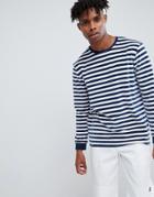 Asos Design Striped Relaxed Long Sleeve T-shirt In Velour With Blue Contrast Ribs - Multi