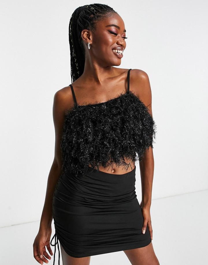 Asos Design Faux Feather Crop Cami In Black-multi