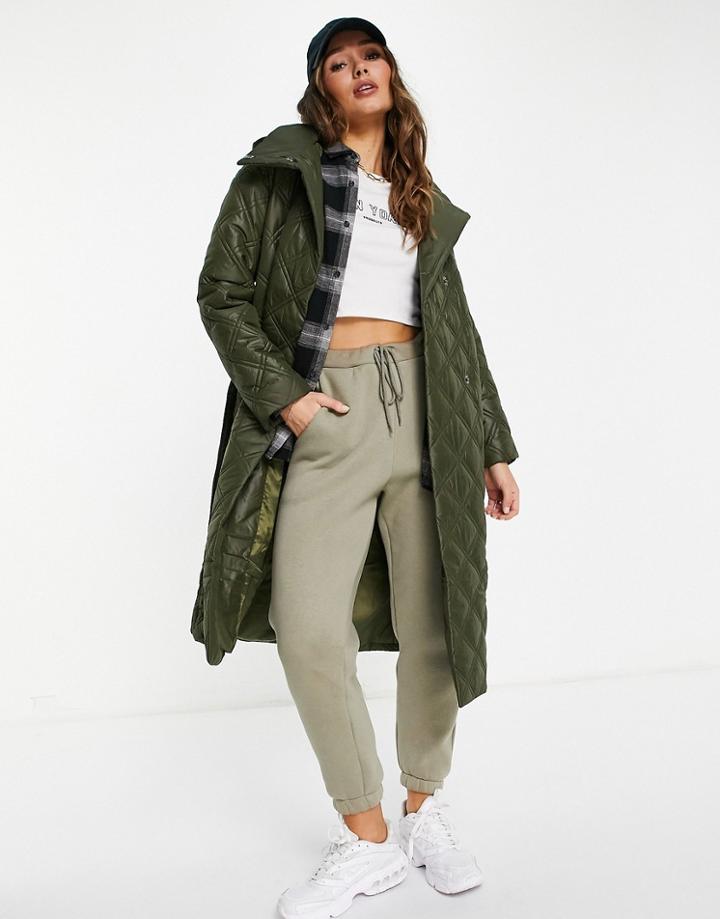 Fashion Union High Neck Longline Quilted Coat With Hood-green