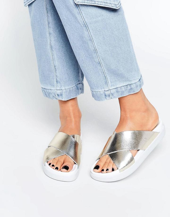 Sixtyseven Nimo Gold Metallic Cross Front Slider Sandals - Gold