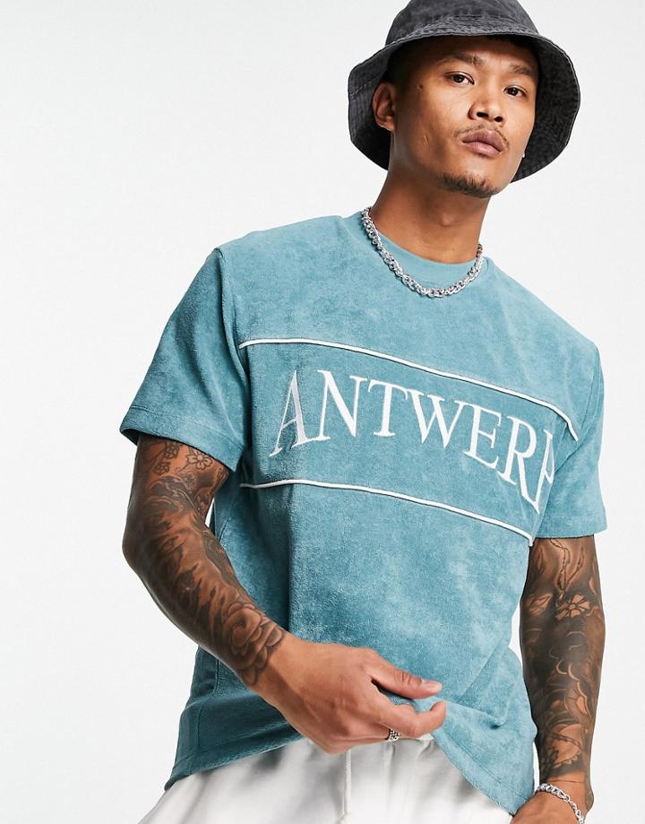 Asos Design Relaxed T-shirt In Green Terrycloth With City Embroidery-blues