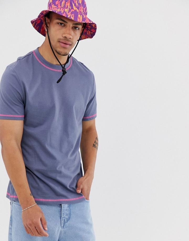 Asos Design Organic T-shirt With Crew Neck In Gray With Neon Pink Flatlocking - Gray