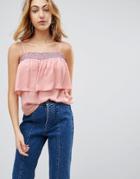 Lunik Bardot Ruffle Top With Embroiderry. Trim - Pink
