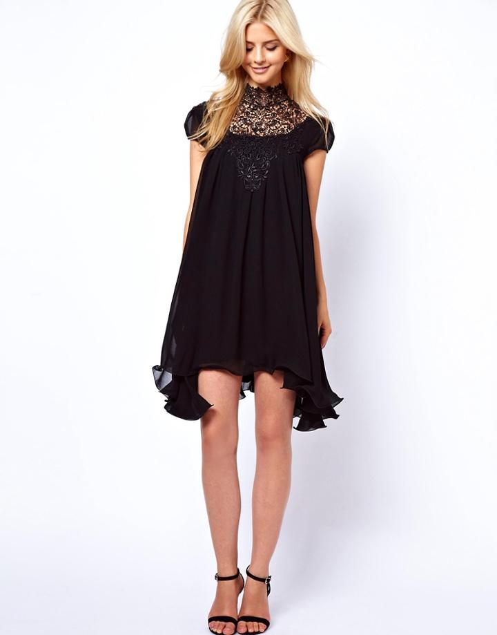 Lydia Bright Swing Dress With Lace Neck - Red