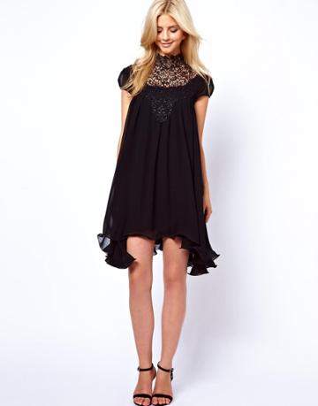 Lydia Bright Swing Dress With Lace Neck - Red