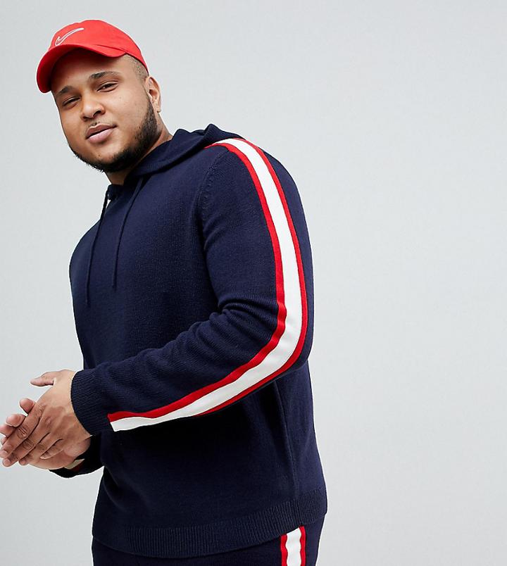 Asos Plus Knitted Co-ord Hoodie With Side Stripe In Navy - Navy