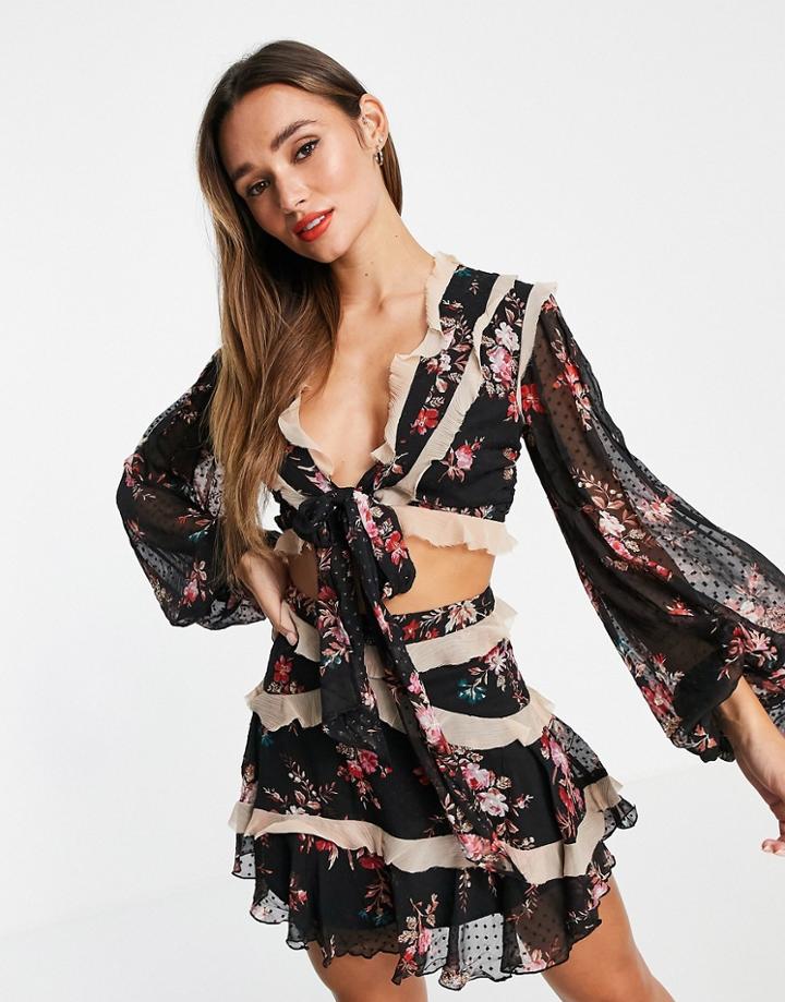 Asos Design Floral Crop Top With Contrast Ruffle Detail And Embellishment - Part Of A Set-multi