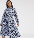 Glamorous Curve Midi Shift Dress With Pleated Skirt In Vintage Zebra-blue